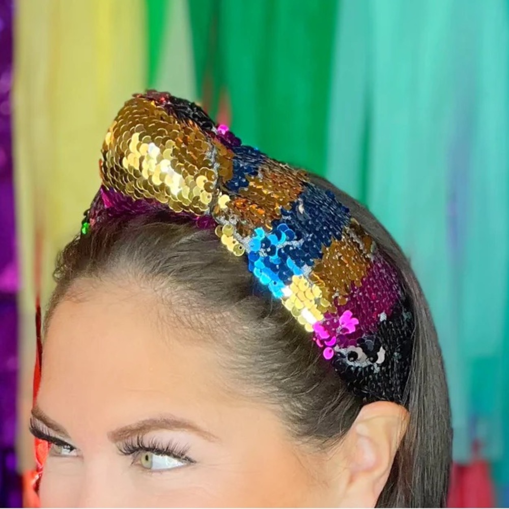 Brianna Cannon Multicolor Rainbow Sequin Knotted Headband NWT - Picture 2 of 6